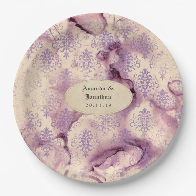 Distressed Lavender Damask Wedding Paper Plates (Front)