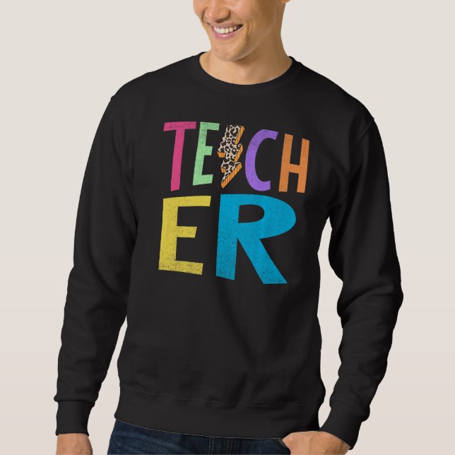 Distressed Leopard Lightning Bolt Teacher  Teacher Sweatshirt (Front)
