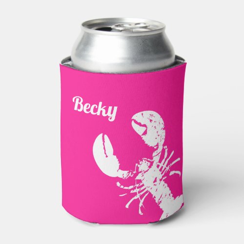 Distressed Lobster Print on Pink Fun Seafood Can Cooler