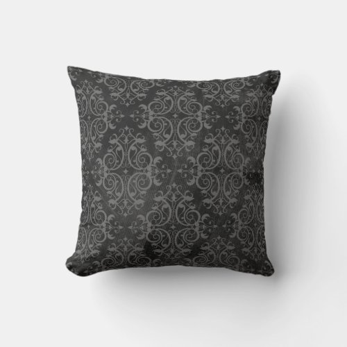 Distressed Luxe Damask Throw Pillow _ Black