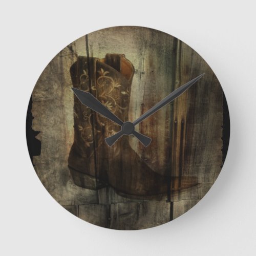 Distressed Man Cave Western Country Cowboy Boot Round Clock