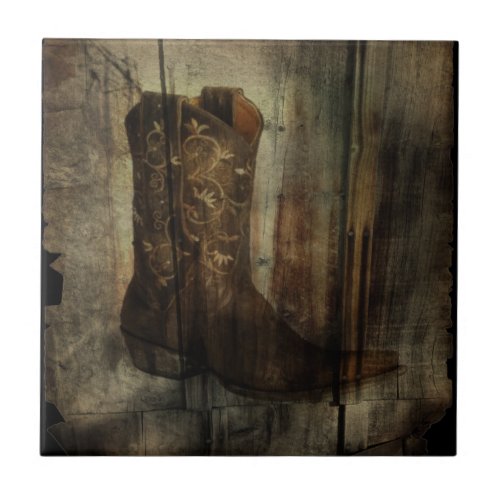 Distressed Man Cave Western Country Cowboy Boot Tile