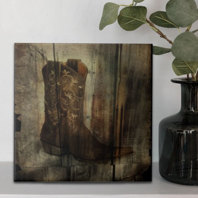 Distressed Man Cave Western Country Cowboy Boot Tile (Distressed Man Cave Western Country Cowboy Boot Tile)
