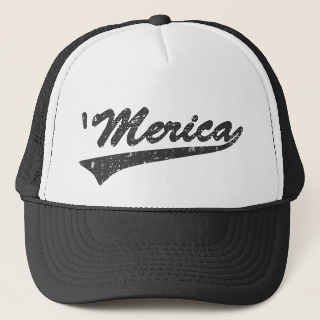 Distressed 'MERICA Swoosh Trucker Hat (Black) (Front)