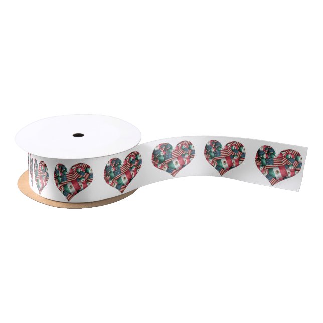 Distressed Mexican/American Flags  - Heart Shape Satin Ribbon (Spool)