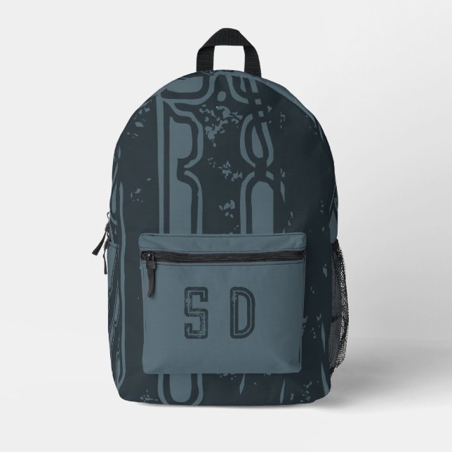 Distressed Monogram Cool Cadet Marble Blue Grey  Printed Backpack (Front)
