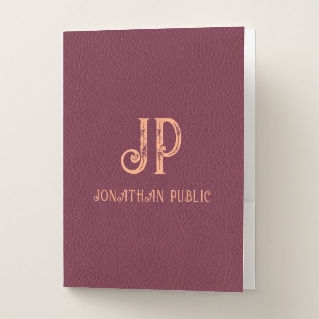 Distressed Monogram Name Red Brown Leather Look Pocket Folder (Front)