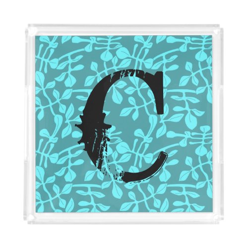 Distressed Monogram on Aqua Stylized Leaves Acrylic Tray