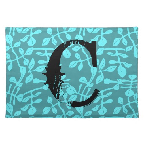 Distressed Monogram on Aqua Stylized Leaves Cloth Placemat