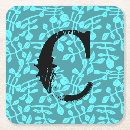 Distressed Monogram on Aqua Stylized Leaves Square Paper Coaster
