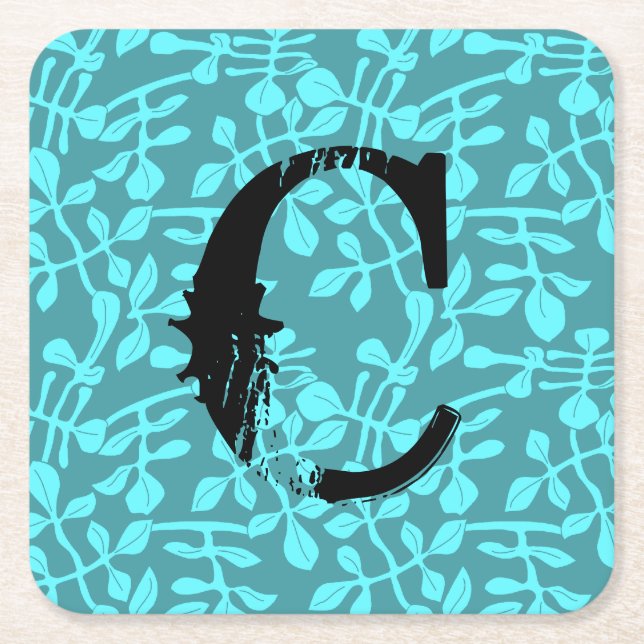 Distressed Monogram on Aqua Stylized Leaves Square Paper Coaster (Front)