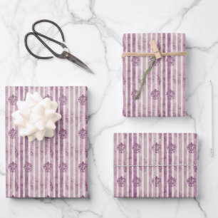 Distressed Motifs on Purple & Ivory Stripes Wrapping Paper Sheets