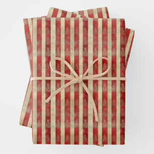 Distressed Motifs on Red & Ivory Stripes Wrapping Paper Sheets