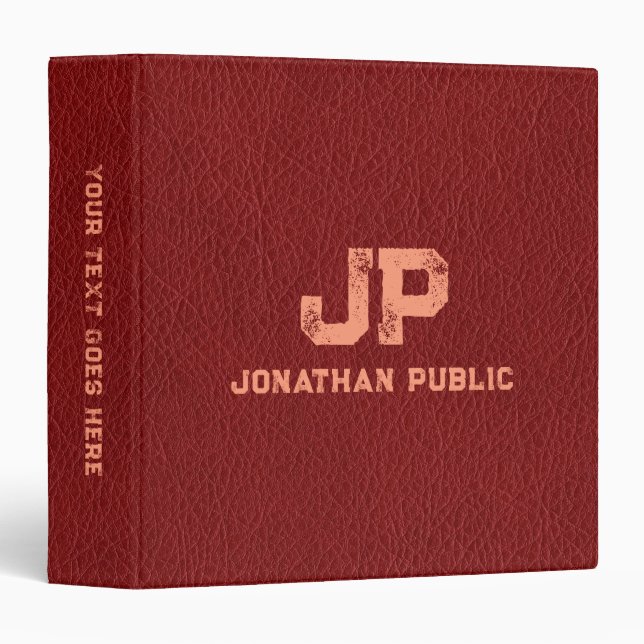 Distressed Name Monogram Red Brown Leather Look 3 Ring Binder (Front/Spine)