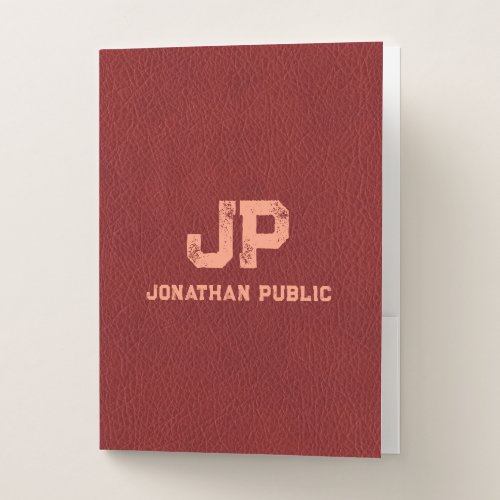 Distressed Name Monogram Red Brown Leather Look Pocket Folder