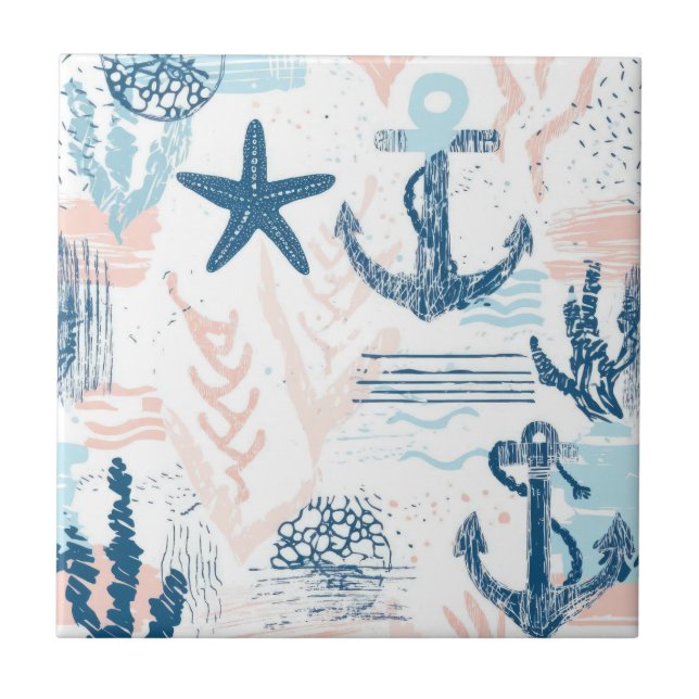 Distressed Nautical Anchor Starfish Blue Coastal Ceramic Tile (Front)