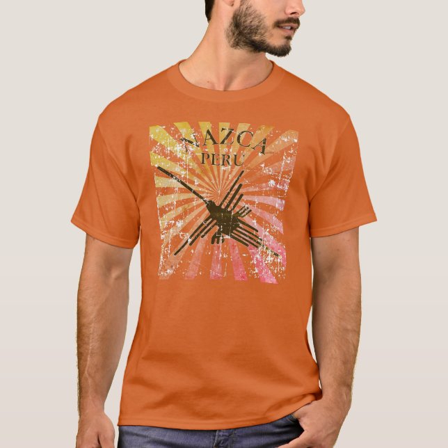 Distressed Nazca Peru Hummingbird Retro Sunset T-Shirt (Front)