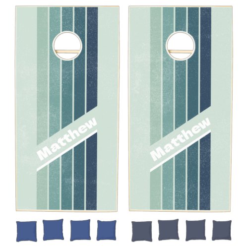 Distressed Ocean Green Nostalgic Pin Striped Name Cornhole Set