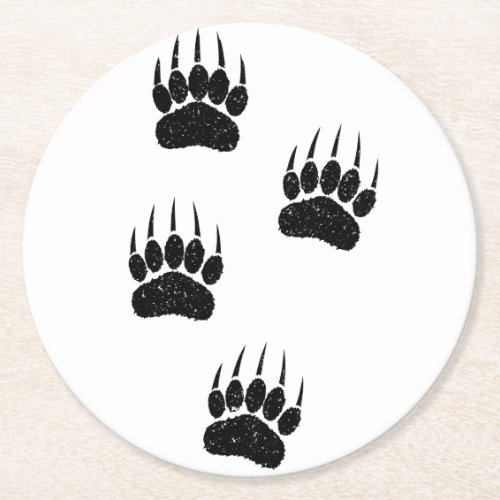 Distressed Old Paper Print Black Bear Paws Round Paper Coaster