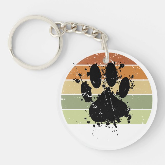 Distressed Paint Splatter Dog Paw Retro Sunset Keychain (Front)