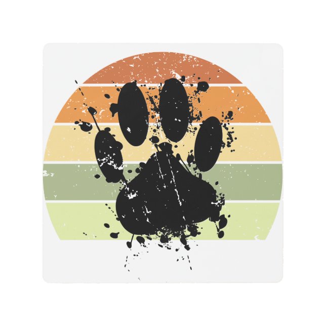 Distressed Paint Splatter Dog Paw Retro Sunset Metal Print (Front)