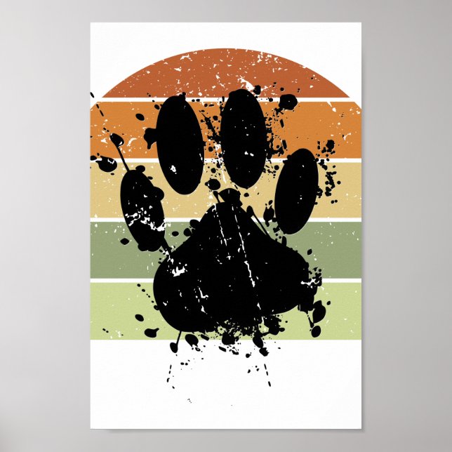 Distressed Paint Splatter Dog Paw Retro Sunset Poster (Front)