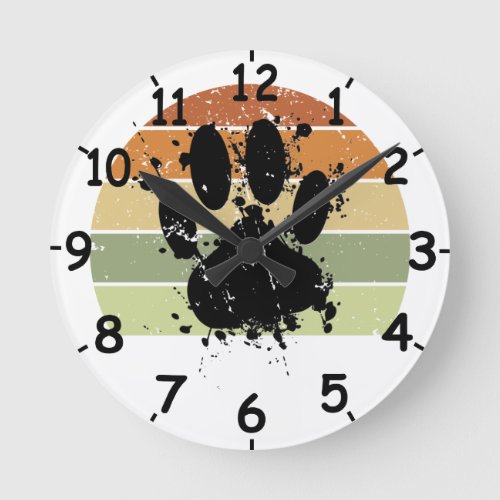 Distressed Paint Splatter Dog Paw Retro Sunset Rou Round Clock