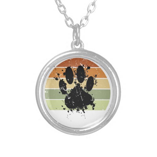 Distressed Paint Splatter Dog Paw Retro Sunset Silver Plated Necklace