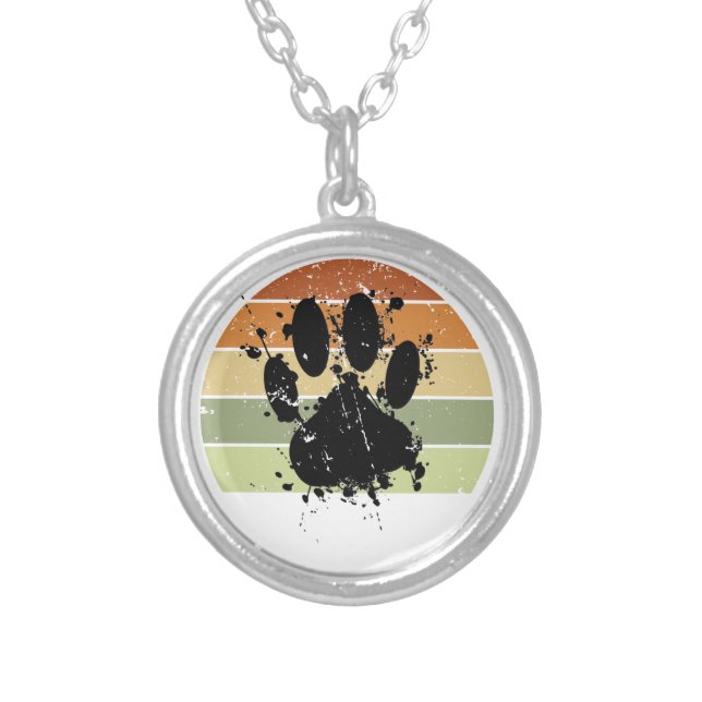 Distressed Paint Splatter Dog Paw Retro Sunset Silver Plated Necklace (Front)
