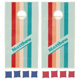 Distressed Pale Seaglass Pin Striped with Name Cornhole Set