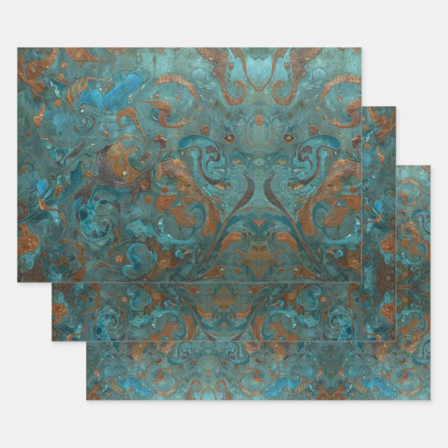 Distressed Patina Copper Vintage Ephemera  Wrapping Paper Sheets (Set)