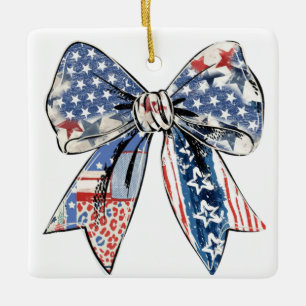 Distressed Patriotic Bow – USA Flag Print Design Ceramic Ornament