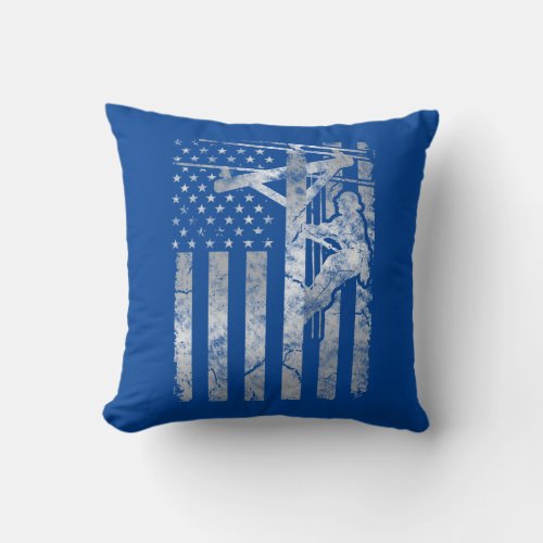 Distressed Patriotic Electric Cable Lineman Americ Throw Pillow