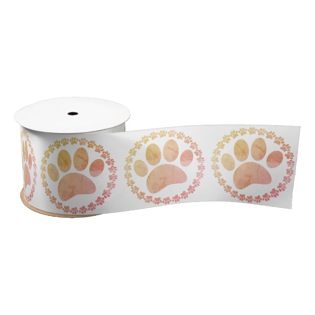 Distressed Paw And Round Frame Dog Print Pattern Satin Ribbon (Spool)