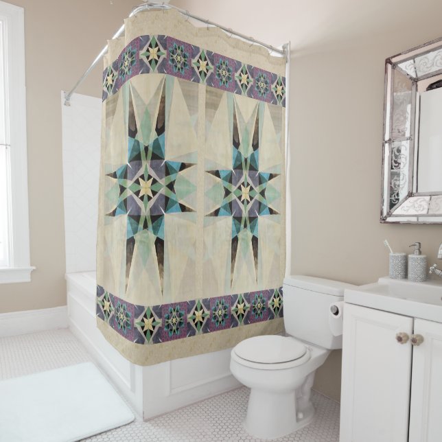 Distressed Persian Star Watercolor Kaleidescope Shower Curtain (In Situ)