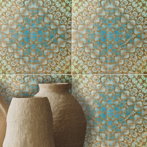Distressed Persian Turquoise Brown Geometric Ceramic Tile