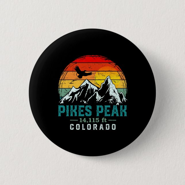 Distressed Pikes Peak Mountain Colorado Retro Hiki Button (Front)
