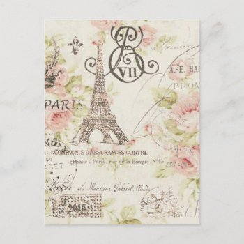 Distressed Pink Floral Paris Eiffel Tower Postcard by cranberrysky at Zazzle