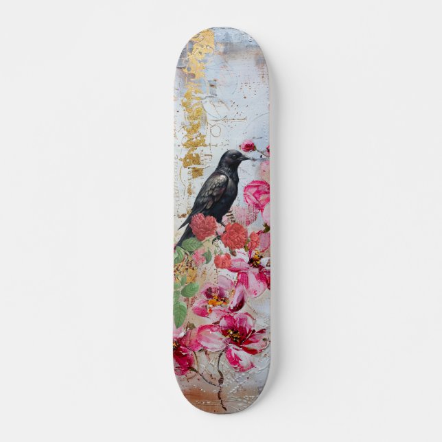 Distressed Pink Florals Raven & Roses Skateboard  (Front)