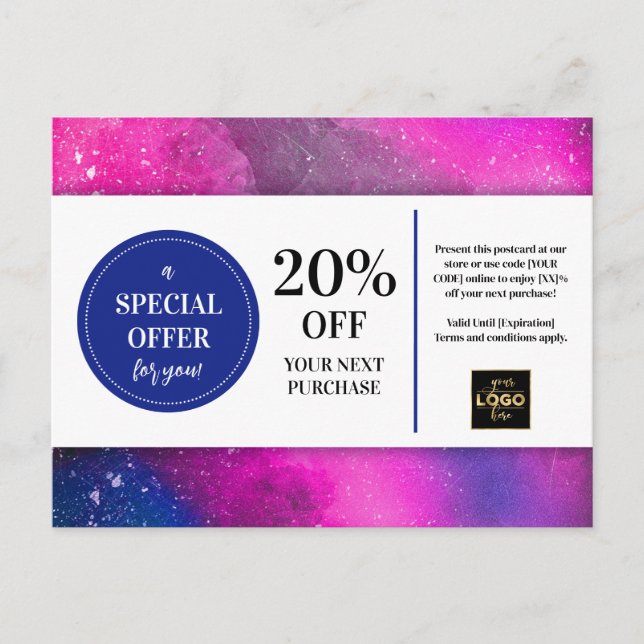 Distressed Pink Magenta Watercolor Coupon Discount Postcard (Front)