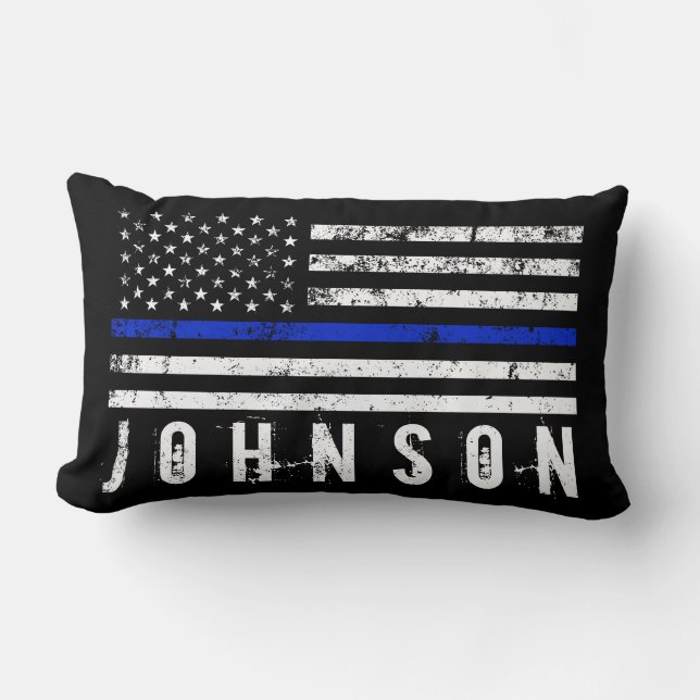 Distressed Police Styled American Flag Custom Name Lumbar Pillow (Front)