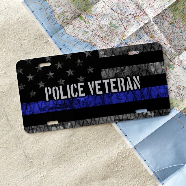 Distressed Police Veteran Police Flag License Plate (In Situ)