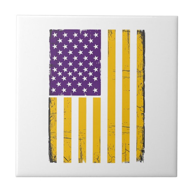 Distressed Purple and Gold American Flag Vector De Ceramic Tile (Front)