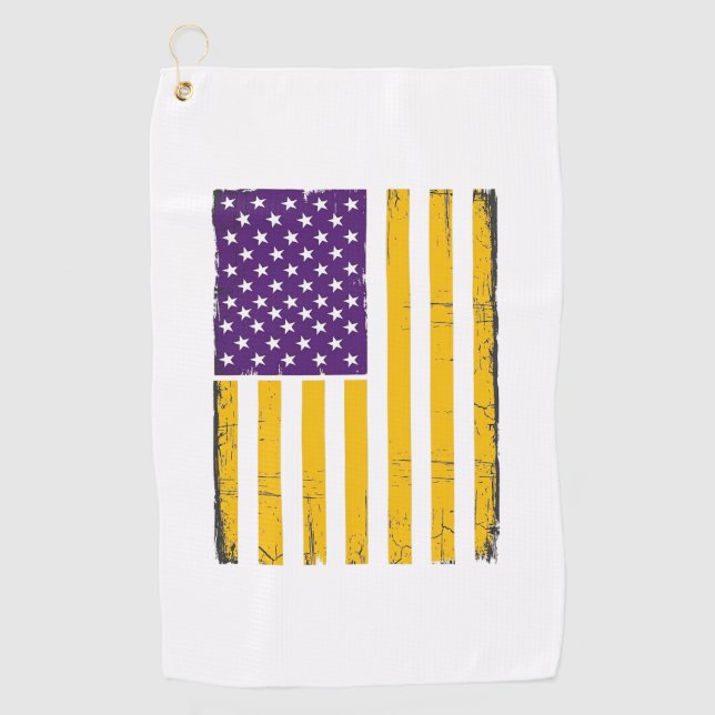 Distressed Purple and Gold American Flag Vector De Golf Towel (Front)