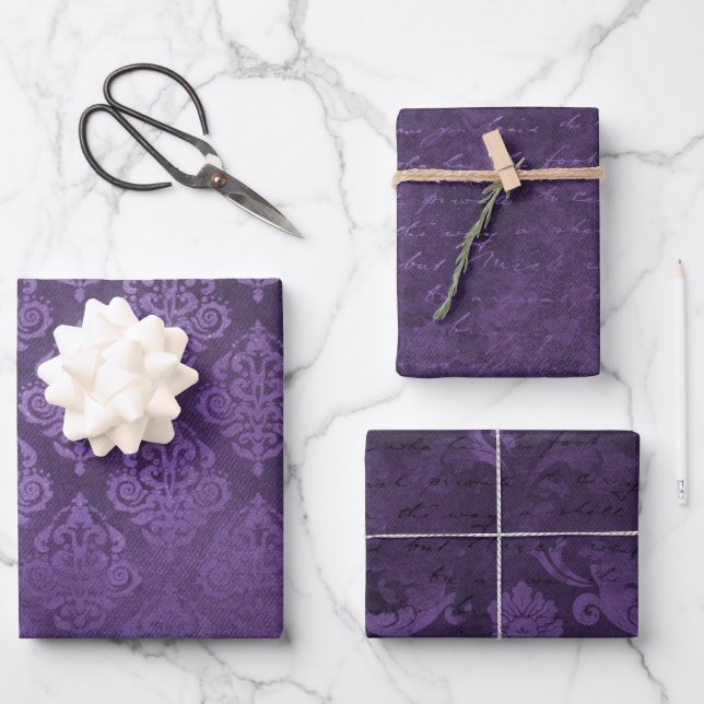 Distressed Purple Damask Wrapping Paper Sheets (Front)