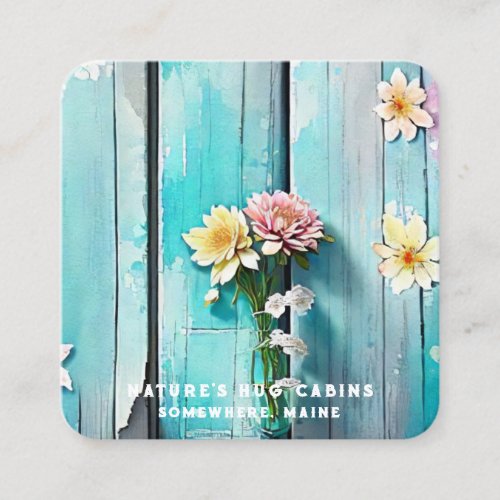   Distressed QR AP49 Flowers Pastel Wood Square Business Card