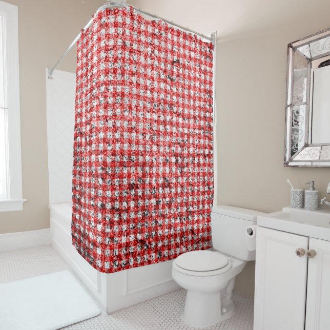Distressed Red and White Gingham Pattern Shower Curtain (In Situ)