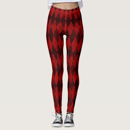 Distressed Red Black Harlequin Diamond Argyle Leggings