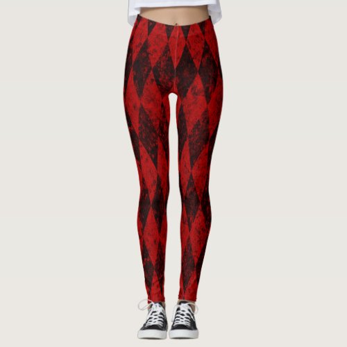 Distressed red black harlequin diamond argyle leggings