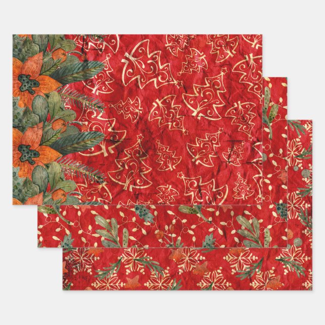 DISTRESSED RED CHRISTMAS HOLIDAY GREENERY WRAPPING PAPER SHEETS (Set)